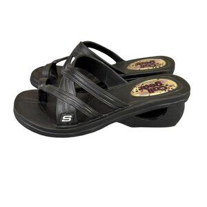Skechers Sandals Womens 10 Cali Gear Shoes Black Slip On Wedge Flip Flops 37128